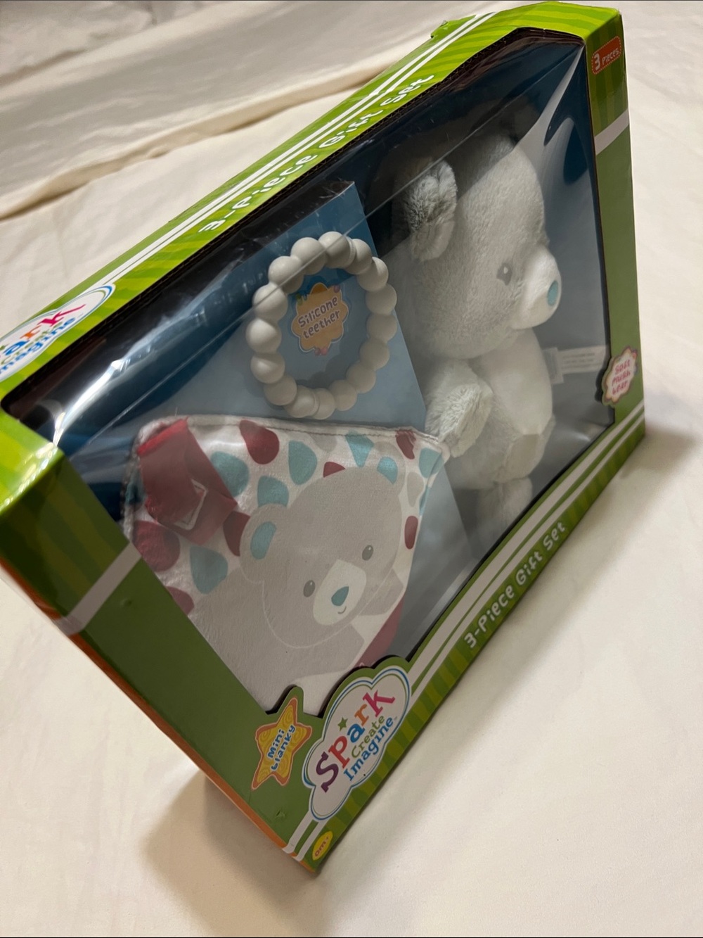 Plush Grey Bear Gift Set with Teether and Comfort Cloth